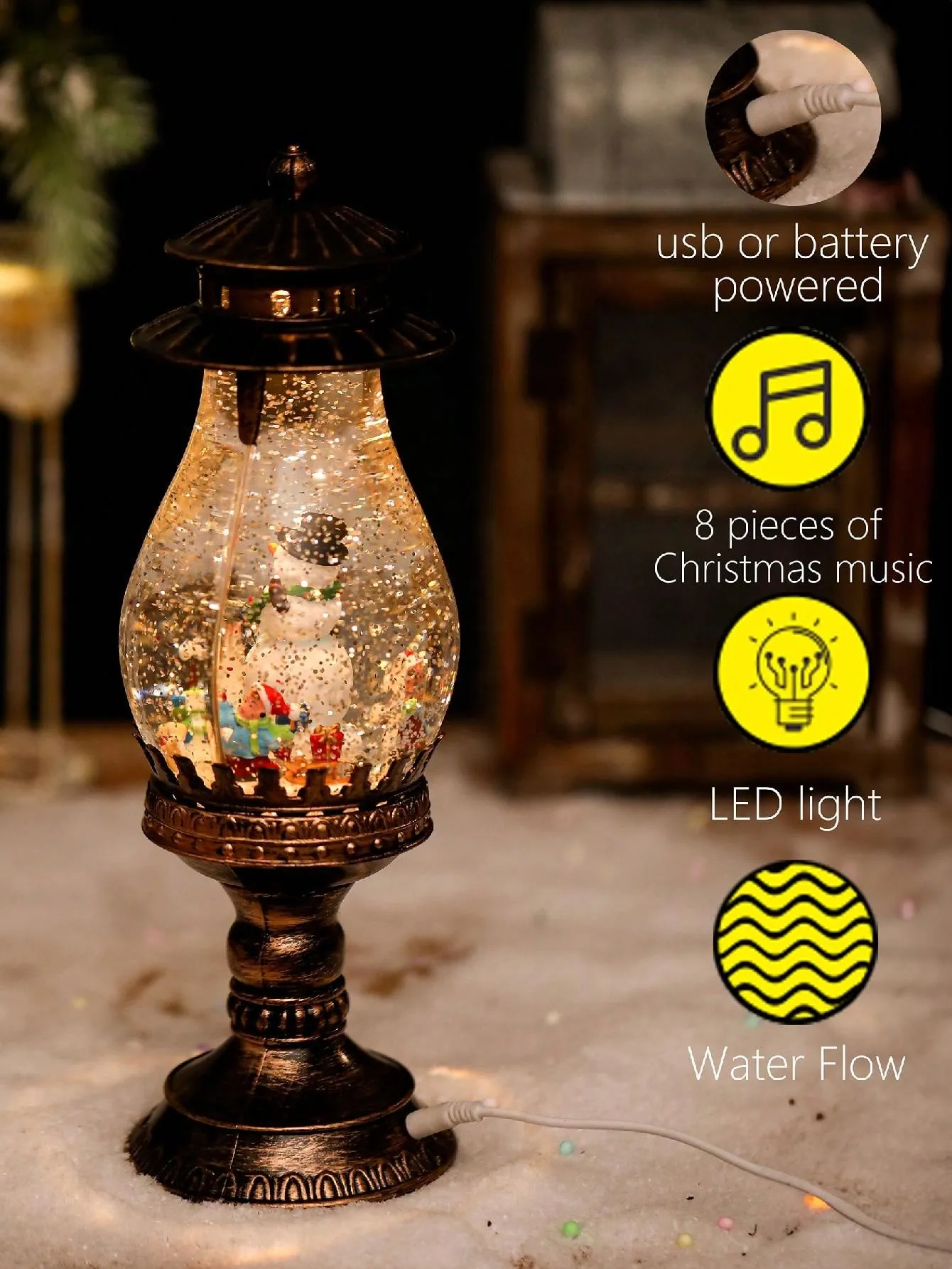 1 Pc Snow Globe Christmas Lantern Musical Snow Globes Christmas Water Lantern Swirling Glitter Lantern With Snowman Family USB 3 AA Battery Operated Snowglobe 6H Timer Home Party Christmas Decoration Gifts
