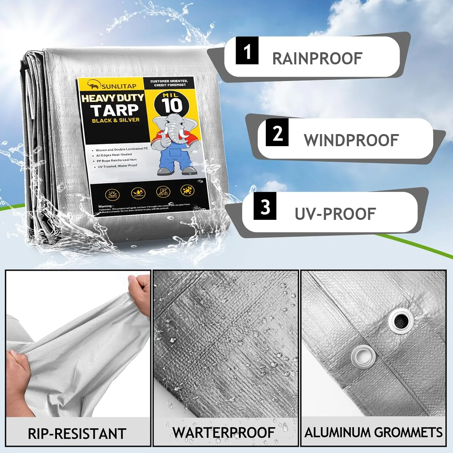 10 Mil Heavy Duty Waterproof Tarps, 20x30 Ft Finished Size Tarps, Premium Tarp with Metal Grommets & Reinforced Edge, Multipurpose Thick Poly Tar for Car, Boat, Roof, Camping - Silver