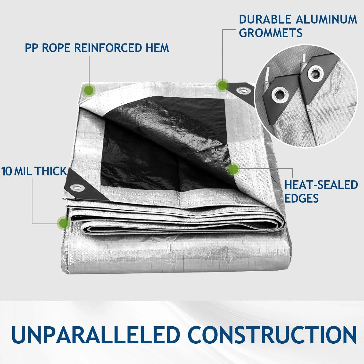 10 Mil Heavy Duty Waterproof Tarps, 20x30 Ft Finished Size Tarps, Premium Tarp with Metal Grommets & Reinforced Edge, Multipurpose Thick Poly Tar for Car, Boat, Roof, Camping - Silver