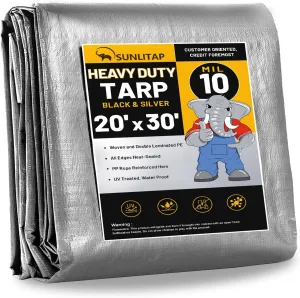 10 Mil Heavy Duty Waterproof Tarps, 20x30 Ft Finished Size Tarps, Premium Tarp with Metal Grommets & Reinforced Edge, Multipurpose Thick Poly Tar for Car, Boat, Roof, Camping - Silver