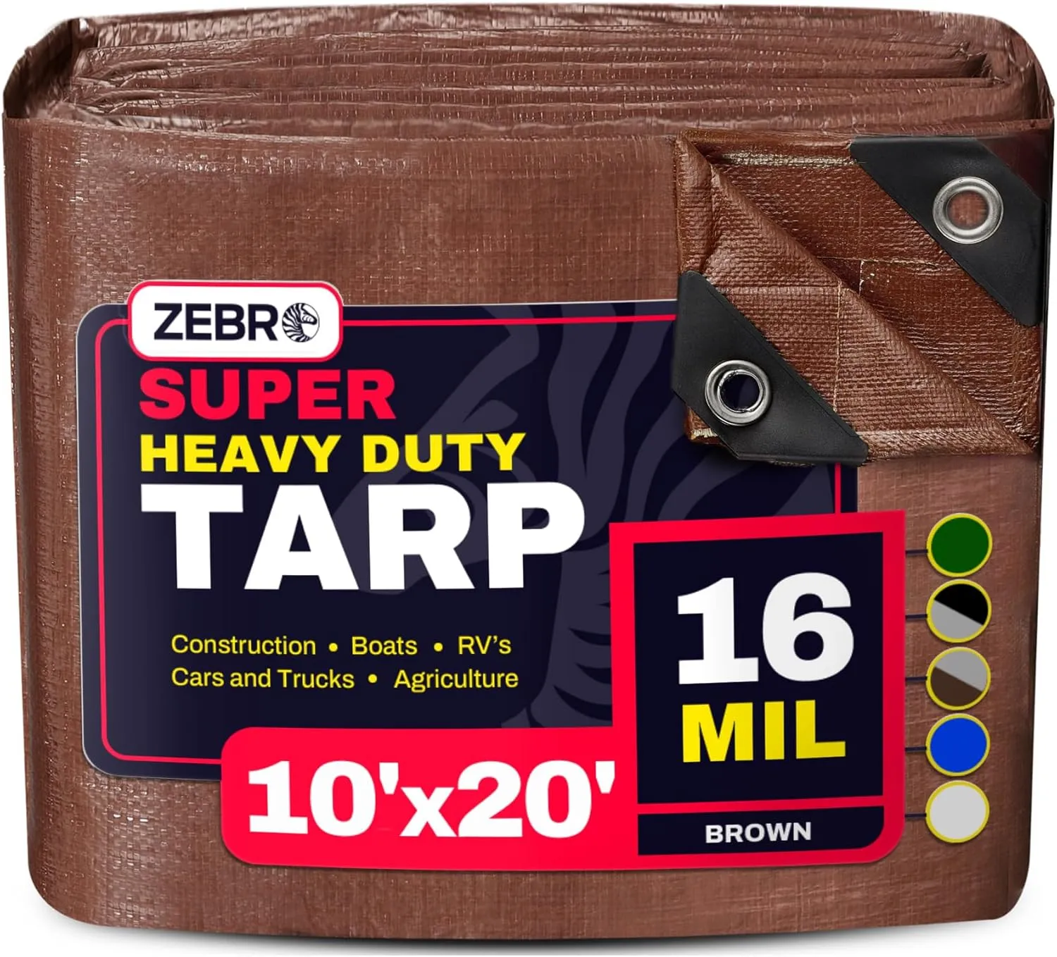 10' x 20' Brown Heavy Duty Tarp with Grommets Reinforced - 16 Mil Thick - Double Sided Plastic Tarps Waterproof - Large Tarpaulin Cover for Outdoor Camping Over/Under Tent Tarp RV Roof Rain - Zebro