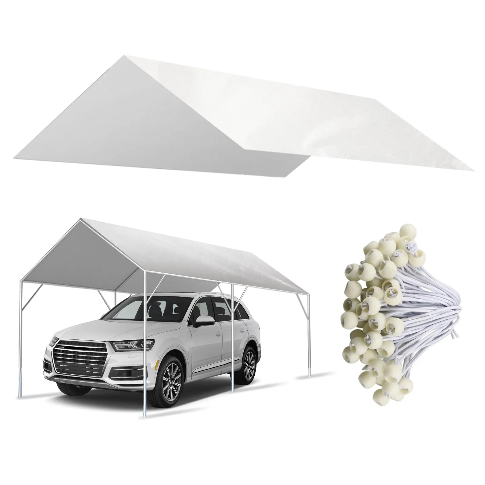 10' x 20' Canopy Replacement Cover for Carport, 220G Heavy Duty Replacement Top Cover for Car Garage, Waterproof & UV Protected Tarp with 48 Ball Bungees (Only Cover, Frame Not Included), White