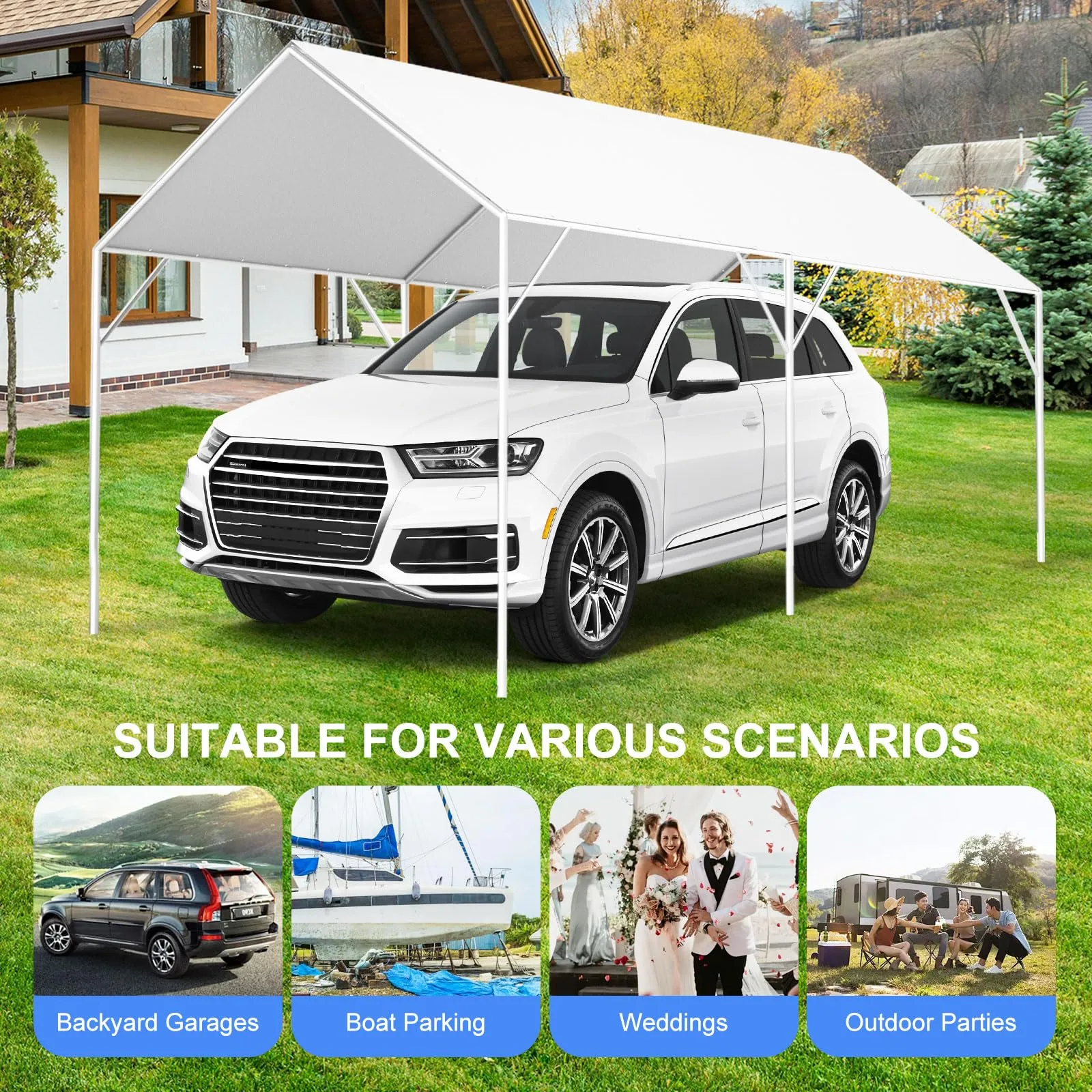 10' x 20' Canopy Replacement Cover for Carport, 220G Heavy Duty Replacement Top Cover for Car Garage, Waterproof & UV Protected Tarp with 48 Ball Bungees (Only Cover, Frame Not Included), White