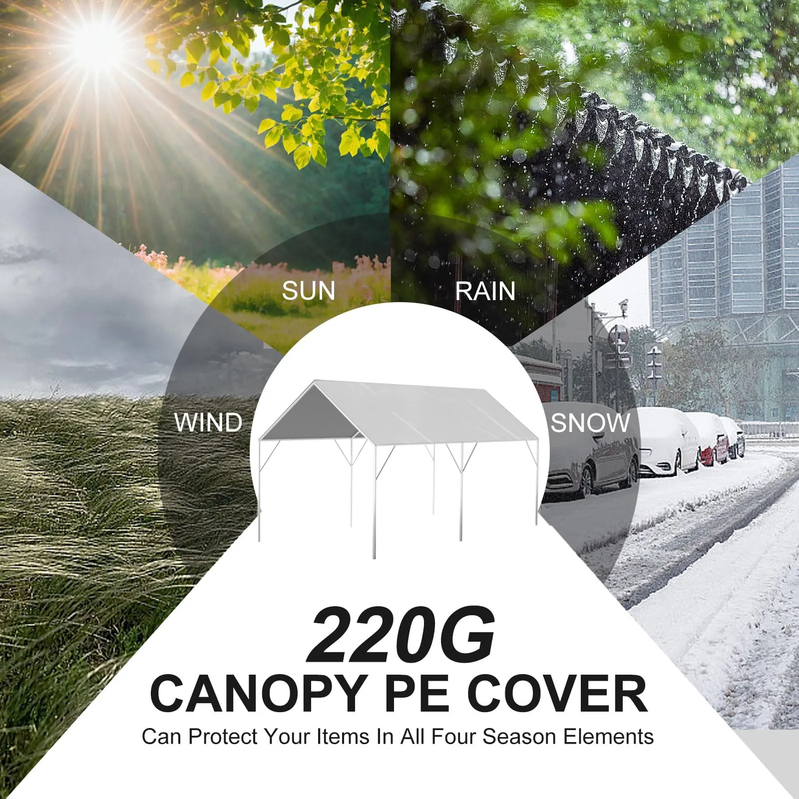 10' x 20' Canopy Replacement Cover for Carport, 220G Heavy Duty Replacement Top Cover for Car Garage, Waterproof & UV Protected Tarp with 48 Ball Bungees (Only Cover, Frame Not Included), White