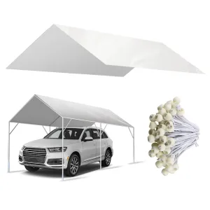 10' x 20' Canopy Replacement Cover for Carport, 220G Heavy Duty Replacement Top Cover for Car Garage, Waterproof & UV Protected Tarp with 48 Ball Bungees (Only Cover, Frame Not Included), White