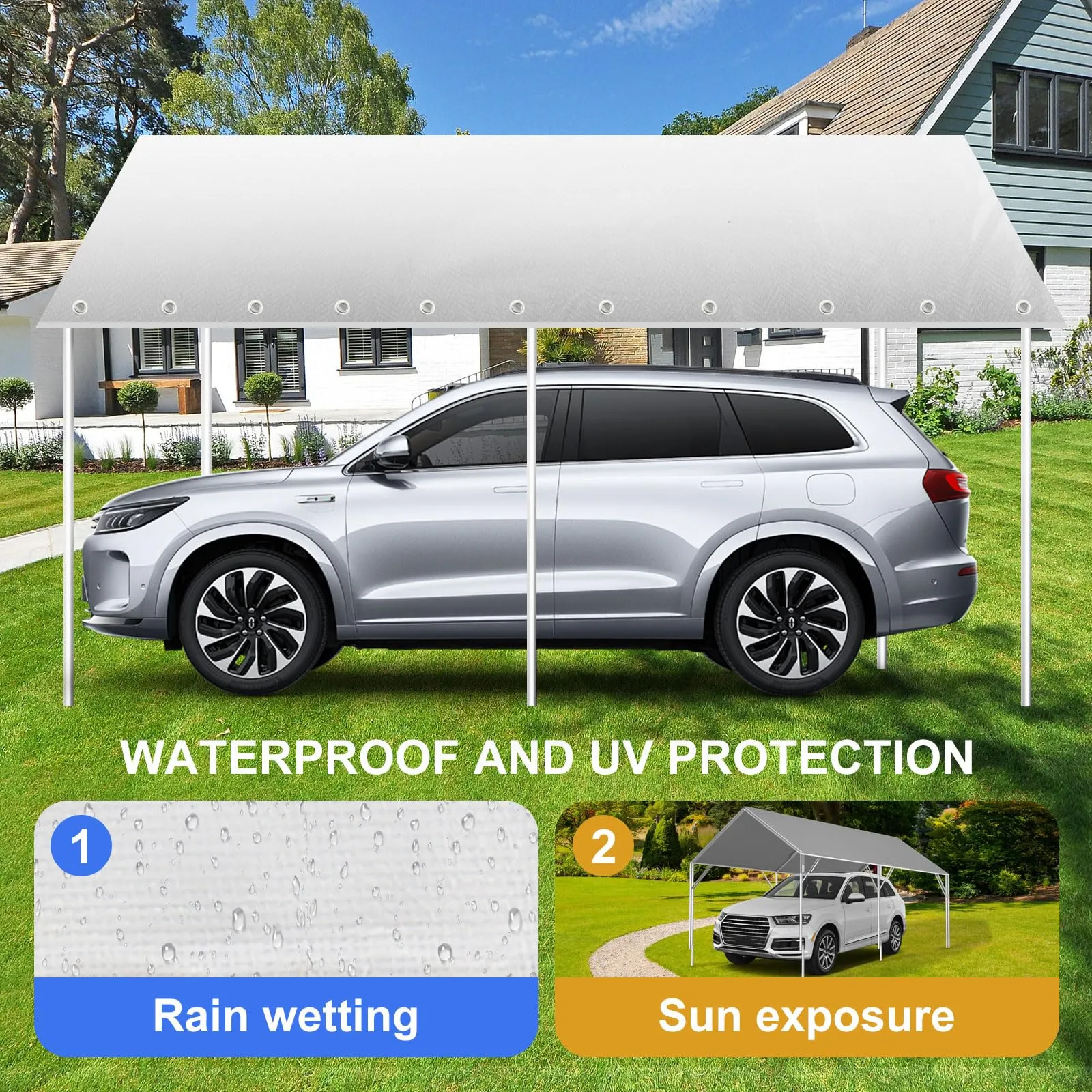 10' x 20' Canopy Replacement Cover for Carport, 220G Heavy Duty Replacement Top Cover for Car Garage, Waterproof & UV Protected Tarp with 48 Ball Bungees (Only Cover, Frame Not Included), White