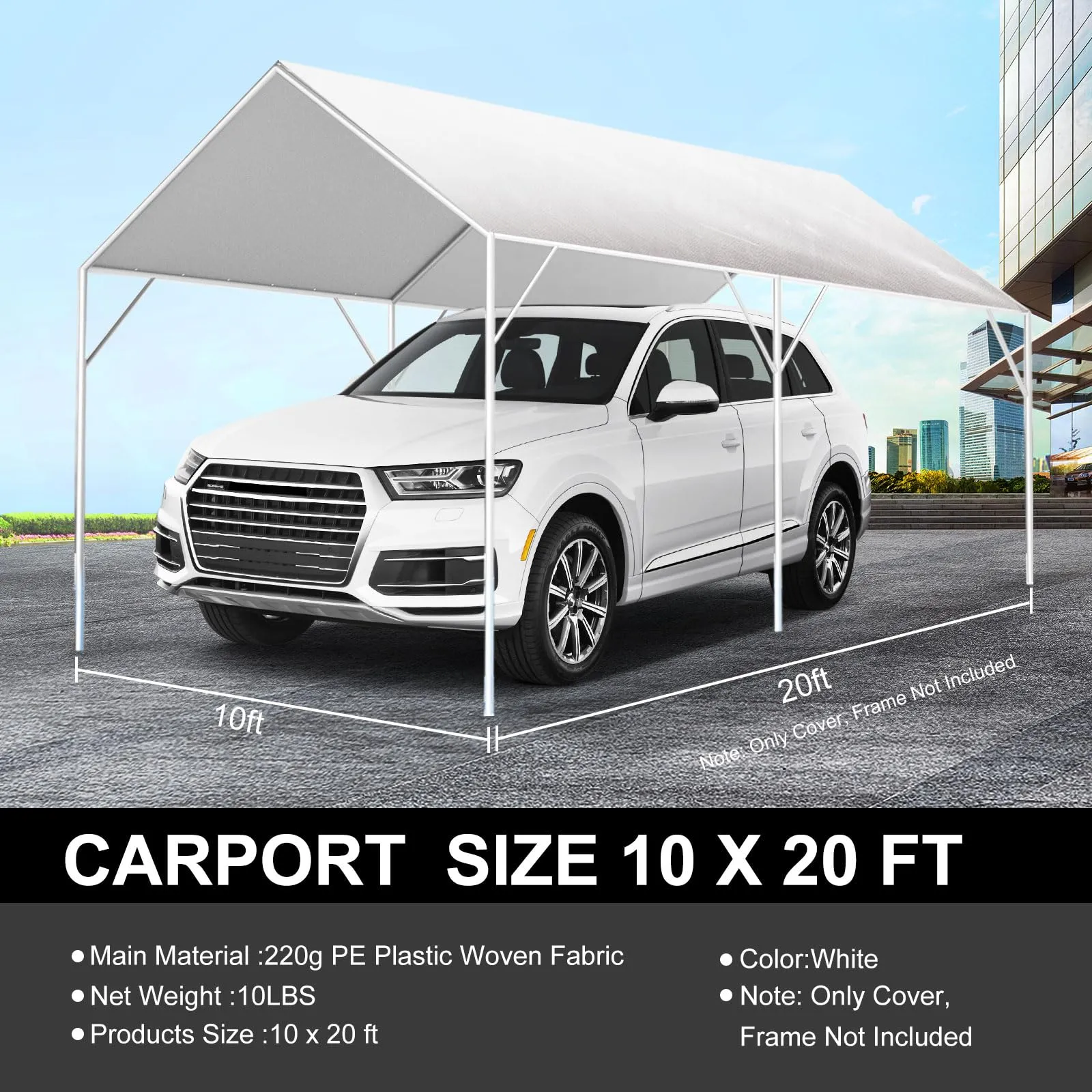 10' x 20' Canopy Replacement Cover for Carport, 220G Heavy Duty Replacement Top Cover for Car Garage, Waterproof & UV Protected Tarp with 48 Ball Bungees (Only Cover, Frame Not Included), White