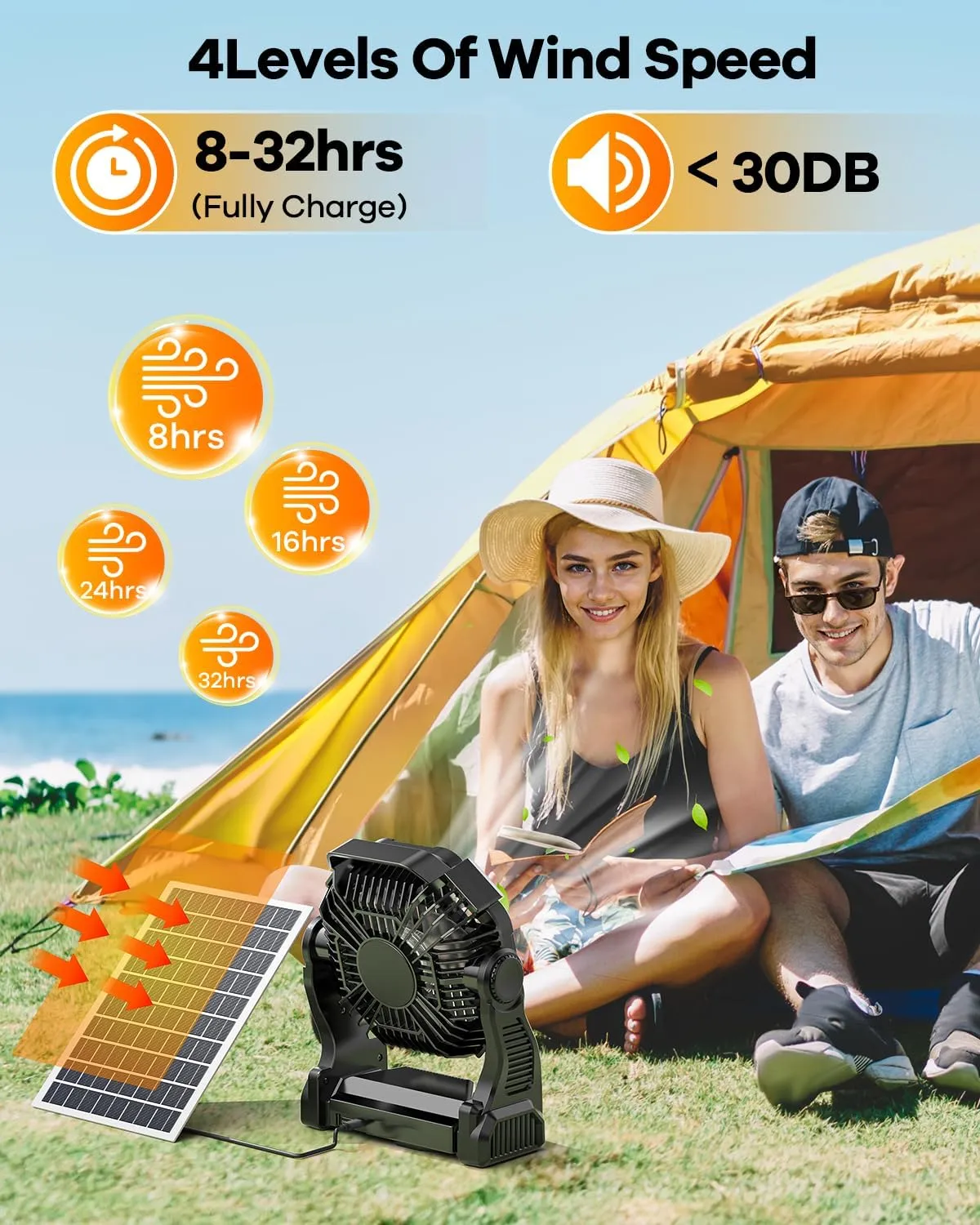 10400mAh Solar Fan, Camping Fan with 7W Panel/LED Lantern, Rechargeable Battery Operated Solar Powered for Outdoor & Indoor - Travel, Picnic, Barbecue, Fishing