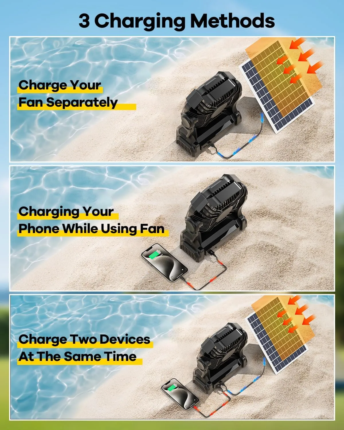 10400mAh Solar Fan, Camping Fan with 7W Panel/LED Lantern, Rechargeable Battery Operated Solar Powered for Outdoor & Indoor - Travel, Picnic, Barbecue, Fishing