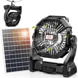 10400mAh Solar Fan, Camping Fan with 7W Panel/LED Lantern, Rechargeable Battery Operated Solar Powered for Outdoor & Indoor - Travel, Picnic, Barbecue, Fishing