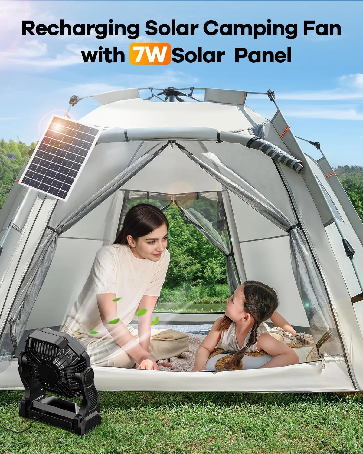 10400mAh Solar Fan, Camping Fan with 7W Panel/LED Lantern, Rechargeable Battery Operated Solar Powered for Outdoor & Indoor - Travel, Picnic, Barbecue, Fishing