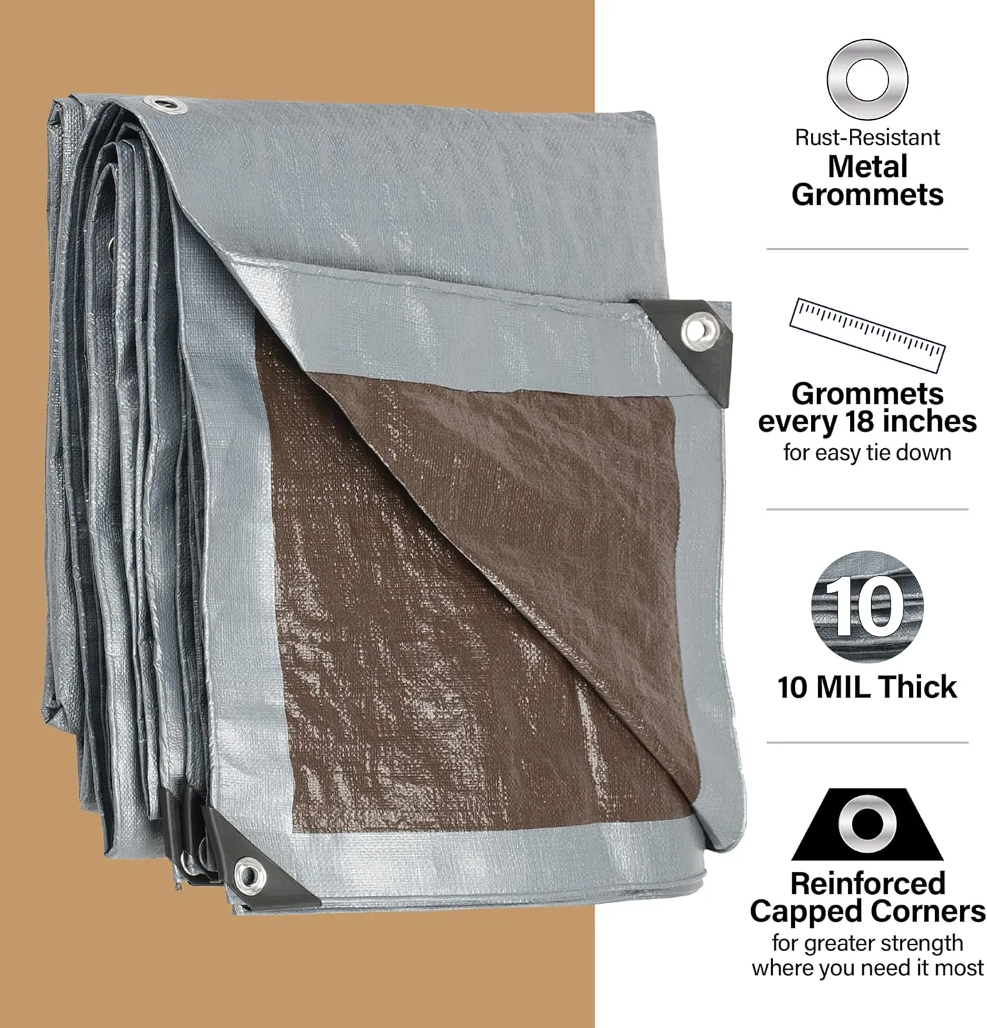 10x10 Heavy Duty Tarp, 10 Mil Thick, High Durability, Tear & Fade Resistant, UV Treated, Grommets Every 18 Inches (10' x '10')