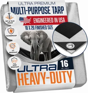 10x20 Ultra Heavy Duty Tarp, Extra Thick 16 Mil, Maximum Durability, Tear & Fade Resistant, UV Treated, Grommets Every 18 Inches - (Reversible, Silver and Black) (10' x 20 Feet')