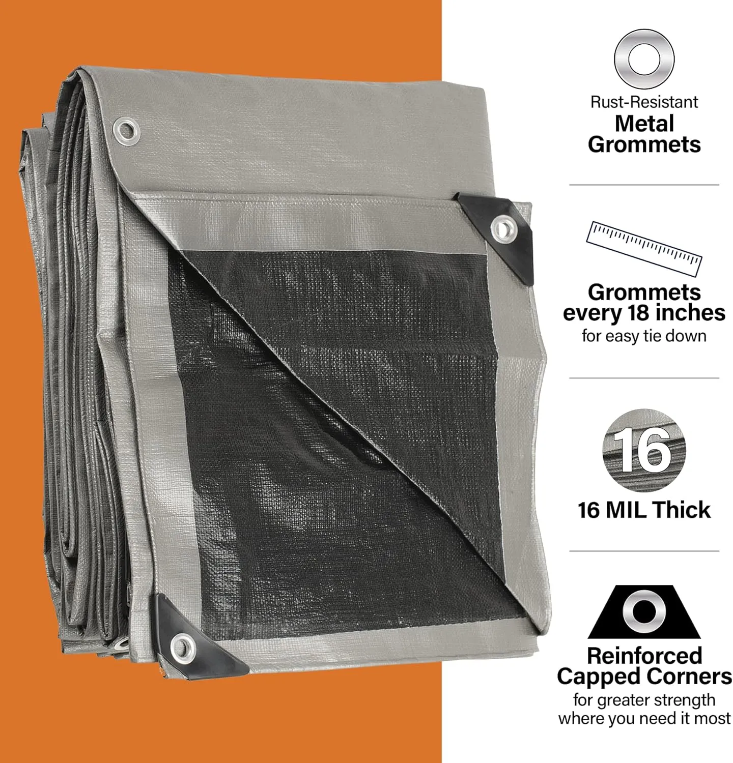 10x20 Ultra Heavy Duty Tarp, Extra Thick 16 Mil, Maximum Durability, Tear & Fade Resistant, UV Treated, Grommets Every 18 Inches - (Reversible, Silver and Black) (10' x 20 Feet')