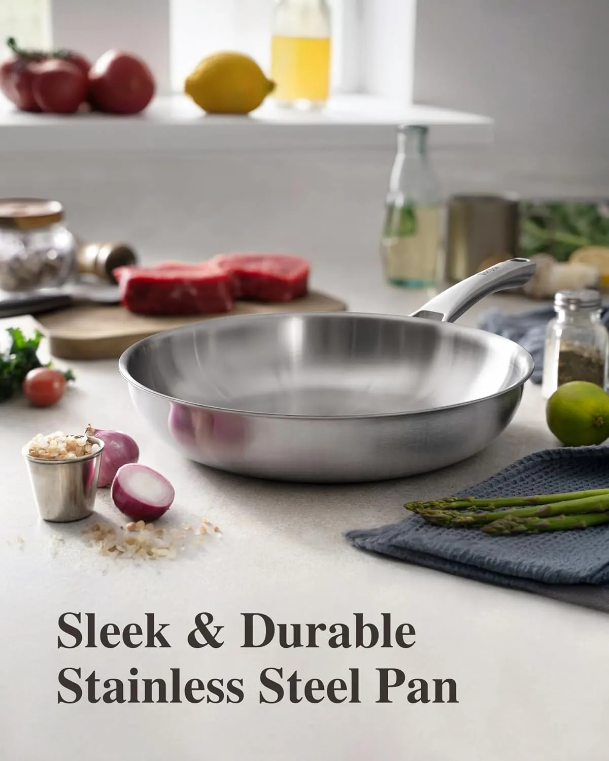 12 inch Tri-Ply Stainless Steel Frying Pan with LID,PFOA&PTFE Free Skillets,Chef's Pans,Dishwasher and Oven Safe Cookware, Works on Induction,Ceramic and Gas Cooktops