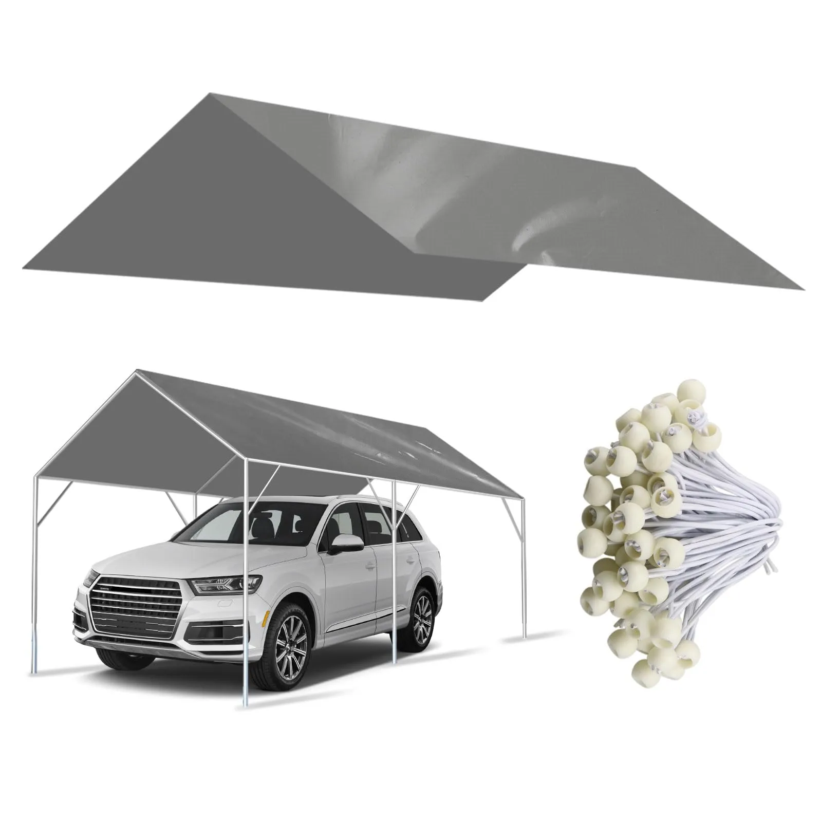 12' x 20' Canopy Replacement Cover for Carport, 220G Heavy Duty Replacement Top Cover for Car Garage, Waterproof & UV Protected Tarp with 48 Ball Bungees (Only Cover, Frame Not Included), Grey