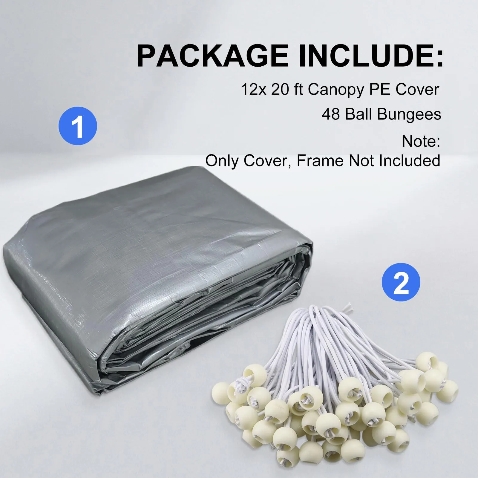 12' x 20' Canopy Replacement Cover for Carport, 220G Heavy Duty Replacement Top Cover for Car Garage, Waterproof & UV Protected Tarp with 48 Ball Bungees (Only Cover, Frame Not Included), Grey