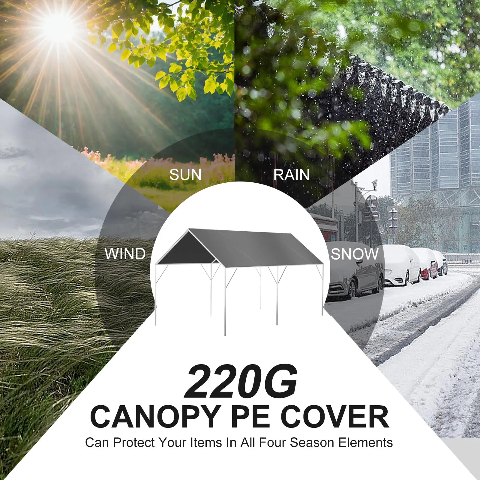 12' x 20' Canopy Replacement Cover for Carport, 220G Heavy Duty Replacement Top Cover for Car Garage, Waterproof & UV Protected Tarp with 48 Ball Bungees (Only Cover, Frame Not Included), Grey