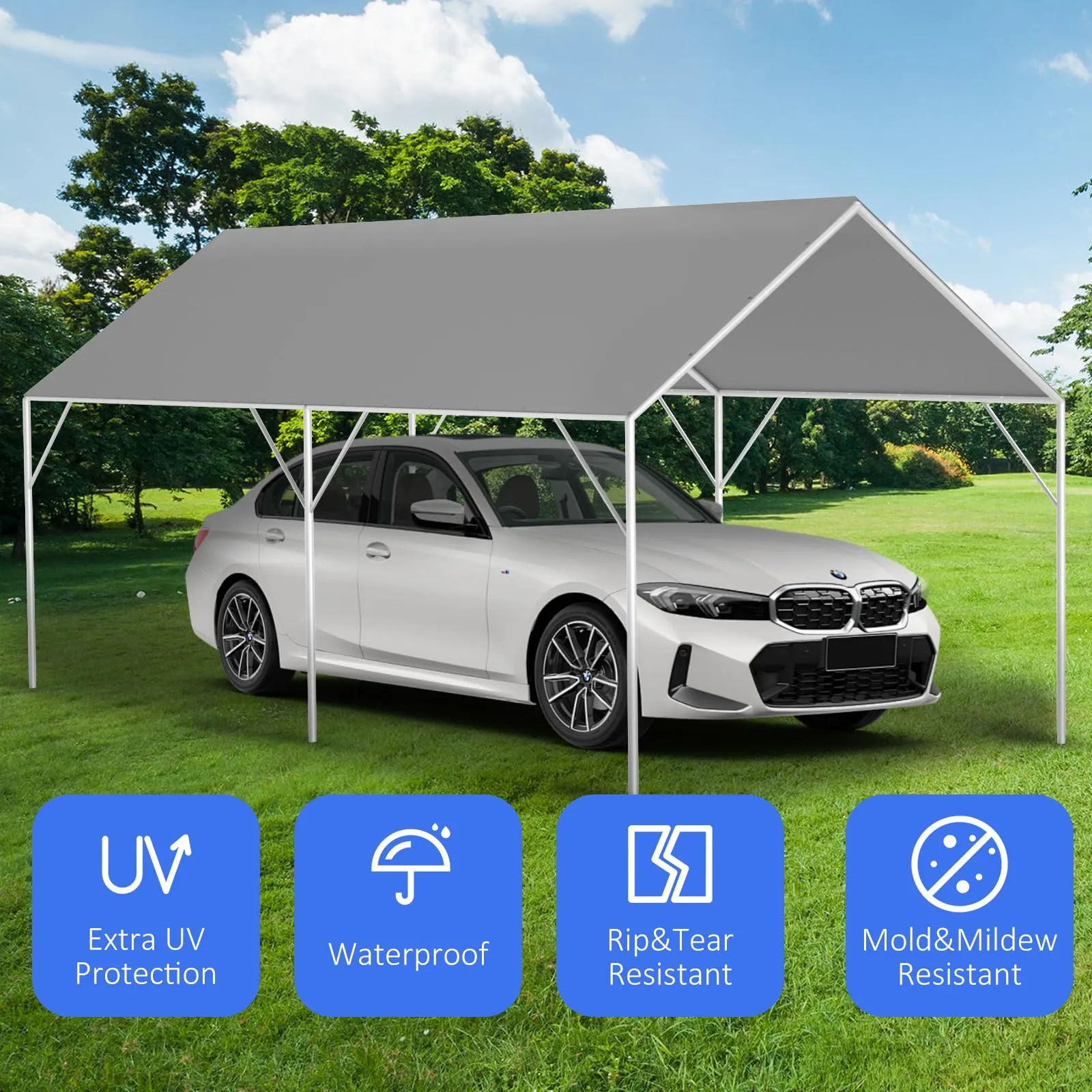 12' x 20' Canopy Replacement Cover for Carport, 220G Heavy Duty Replacement Top Cover for Car Garage, Waterproof & UV Protected Tarp with 48 Ball Bungees (Only Cover, Frame Not Included), Grey