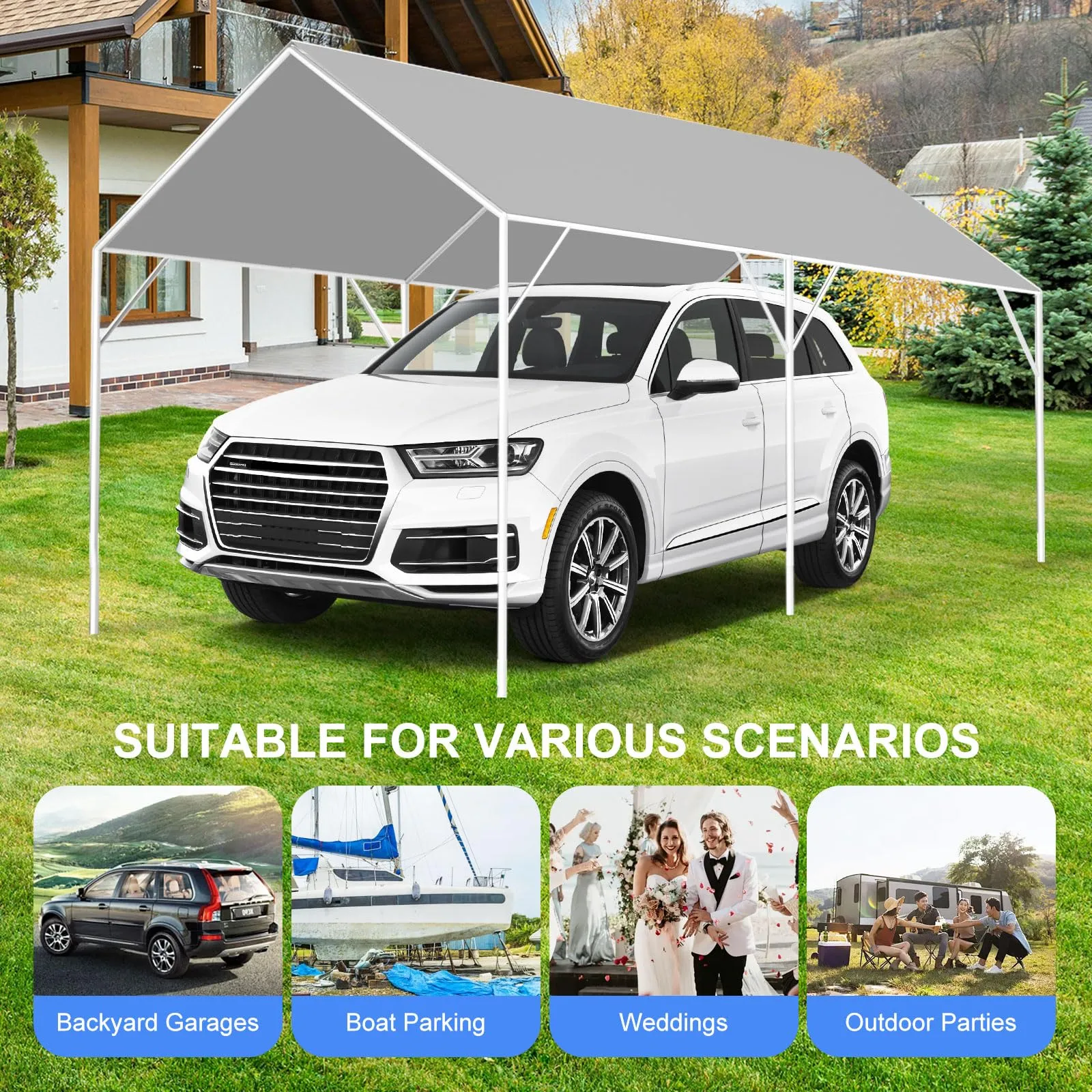 12' x 20' Canopy Replacement Cover for Carport, 220G Heavy Duty Replacement Top Cover for Car Garage, Waterproof & UV Protected Tarp with 48 Ball Bungees (Only Cover, Frame Not Included), Grey
