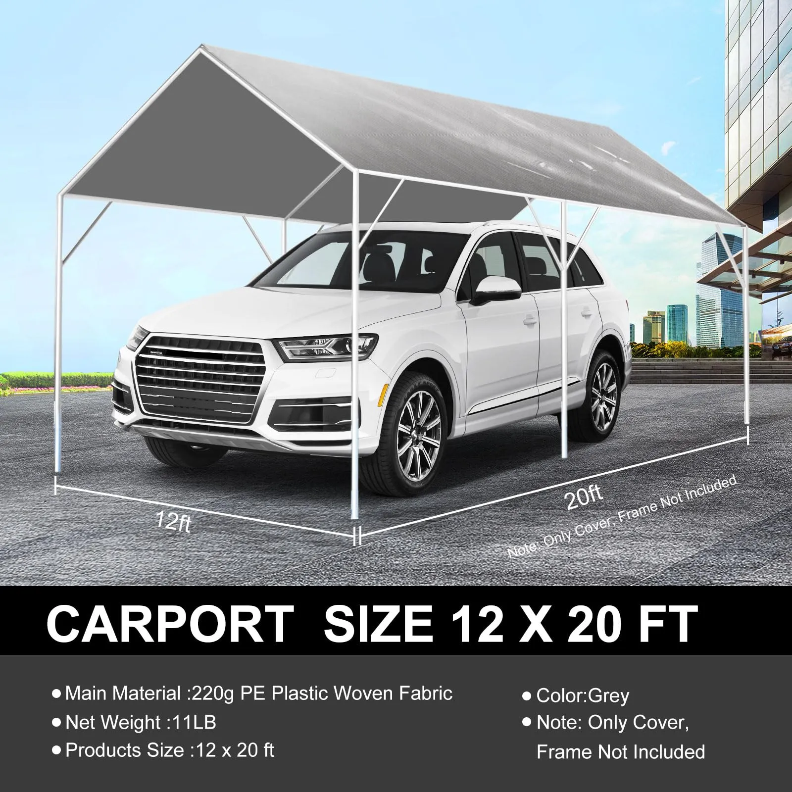 12' x 20' Canopy Replacement Cover for Carport, 220G Heavy Duty Replacement Top Cover for Car Garage, Waterproof & UV Protected Tarp with 48 Ball Bungees (Only Cover, Frame Not Included), Grey