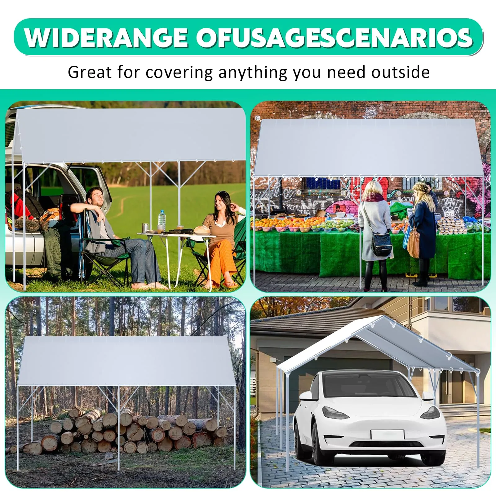 12 x 20 Ft Carport Replacement Canopy Cover Garage Top Tent Shelter Tarp,200G Heavy Duty Car Port Canopy Tent,Grey Waterproof & UV Protected Tarp with 52 Ball Bungees (Frame Not Include)