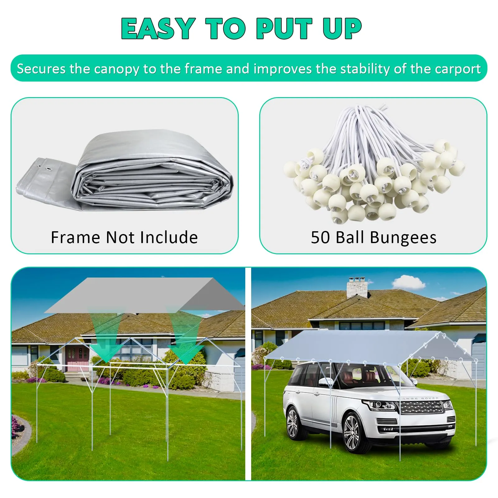 12 x 20 Ft Carport Replacement Canopy Cover Garage Top Tent Shelter Tarp,200G Heavy Duty Car Port Canopy Tent,Grey Waterproof & UV Protected Tarp with 52 Ball Bungees (Frame Not Include)