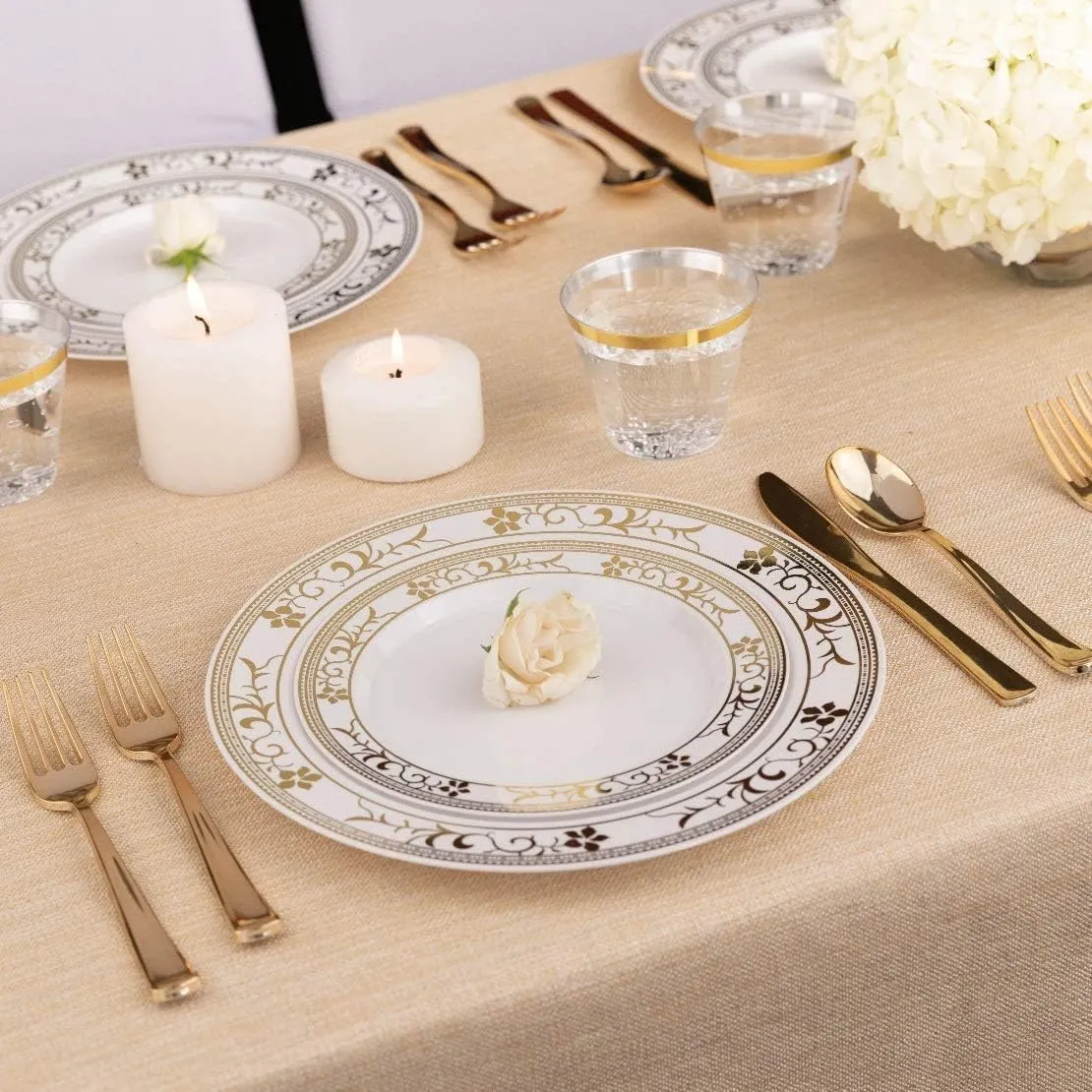 125-Piece White and Gold Floral Fancy Plastic Plates Disposable with Silverware, Elegant Dinnerware for Weddings, Holiday Party China, Set of 25 Dinner   Salad Plates, 25 Spoons, 25 Forks, 25 Knives