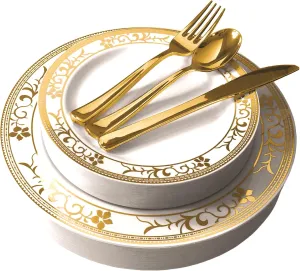 125-Piece White and Gold Floral Fancy Plastic Plates Disposable with Silverware, Elegant Dinnerware for Weddings, Holiday Party China, Set of 25 Dinner   Salad Plates, 25 Spoons, 25 Forks, 25 Knives