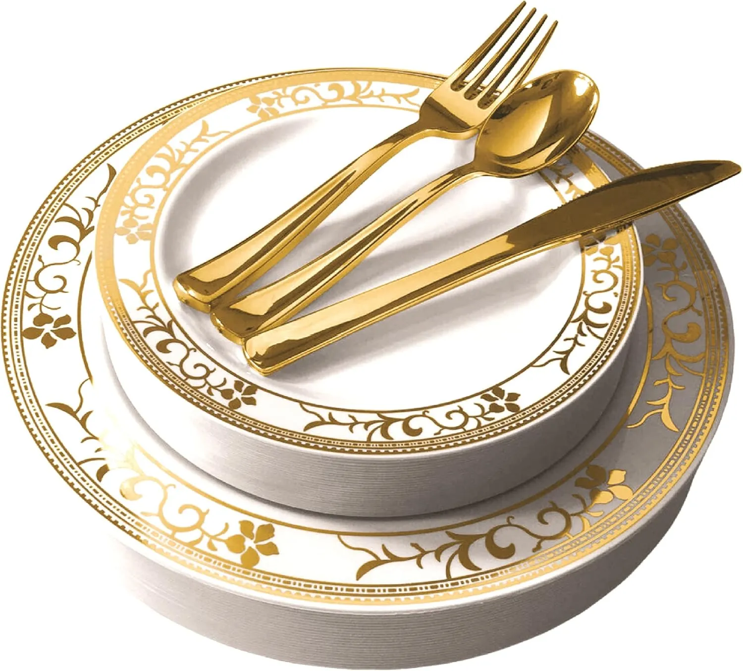 125-Piece White and Gold Floral Fancy Plastic Plates Disposable with Silverware, Elegant Dinnerware for Weddings, Holiday Party China, Set of 25 Dinner   Salad Plates, 25 Spoons, 25 Forks, 25 Knives