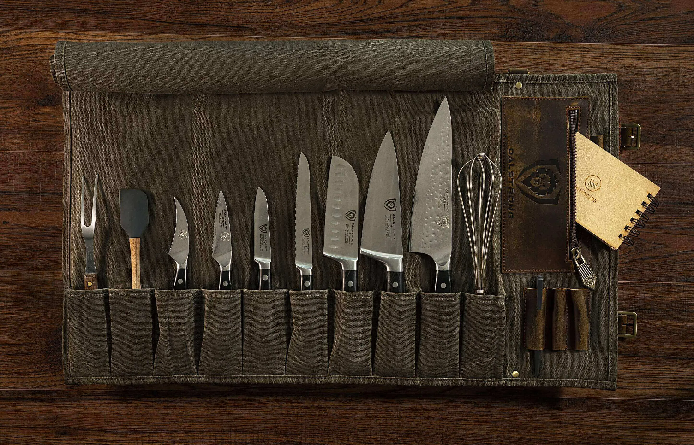 12oz Heavy Duty Canvas & Leather | Army Green | Nomad Knife Roll | Dalstrong ©