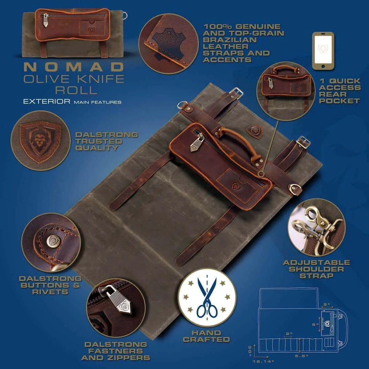 12oz Heavy Duty Canvas & Leather | Army Green | Nomad Knife Roll | Dalstrong ©