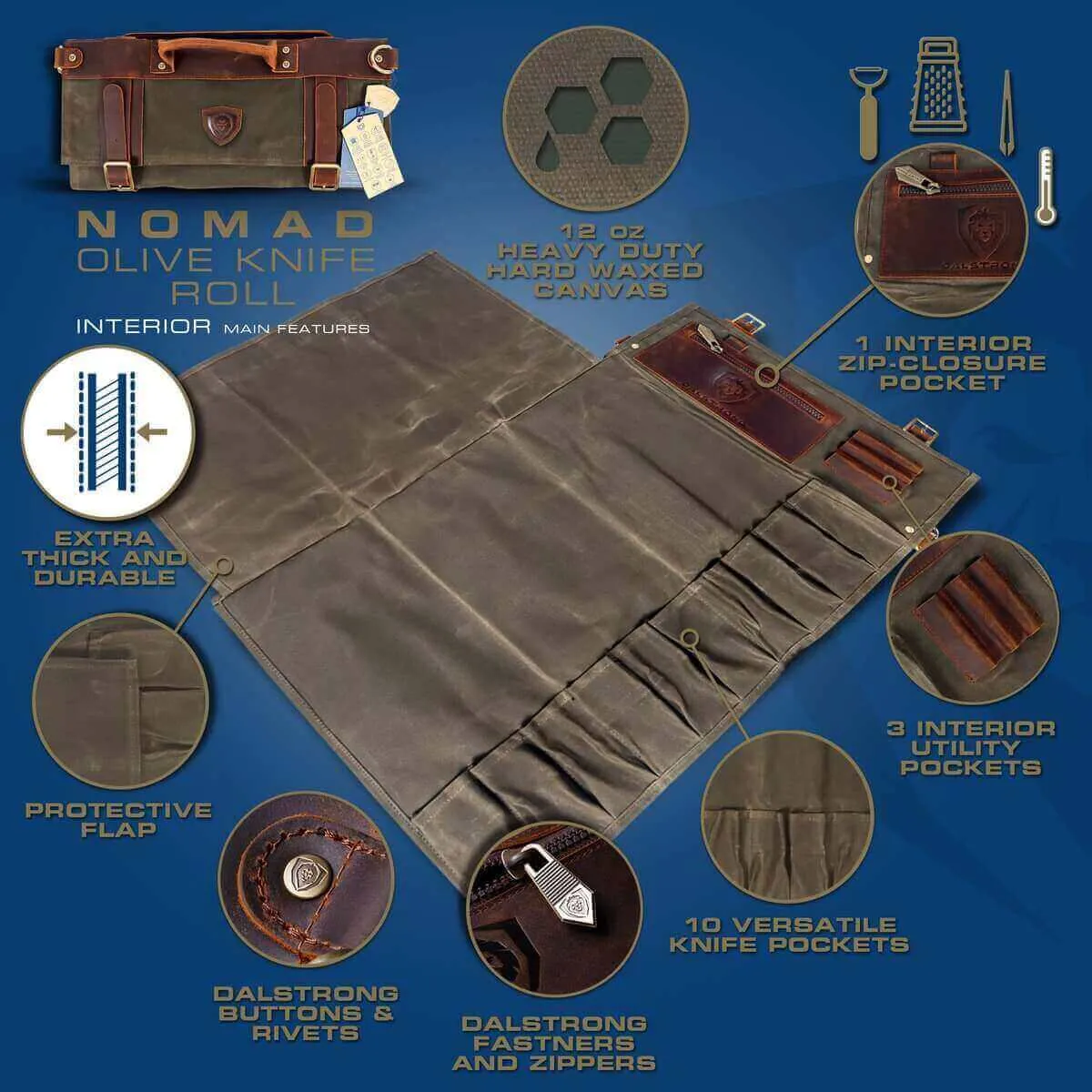 12oz Heavy Duty Canvas & Leather | Army Green | Nomad Knife Roll | Dalstrong ©