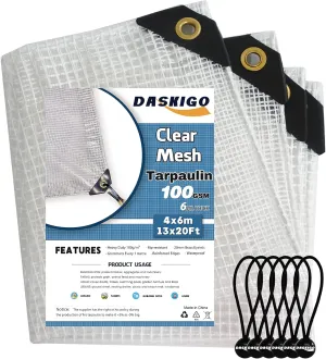 13 x 20Ft Heavy Duty Waterproof Tarps Reinforced Mesh Clear Tarp Cover Sheet & 6 PCS Bungee Balls