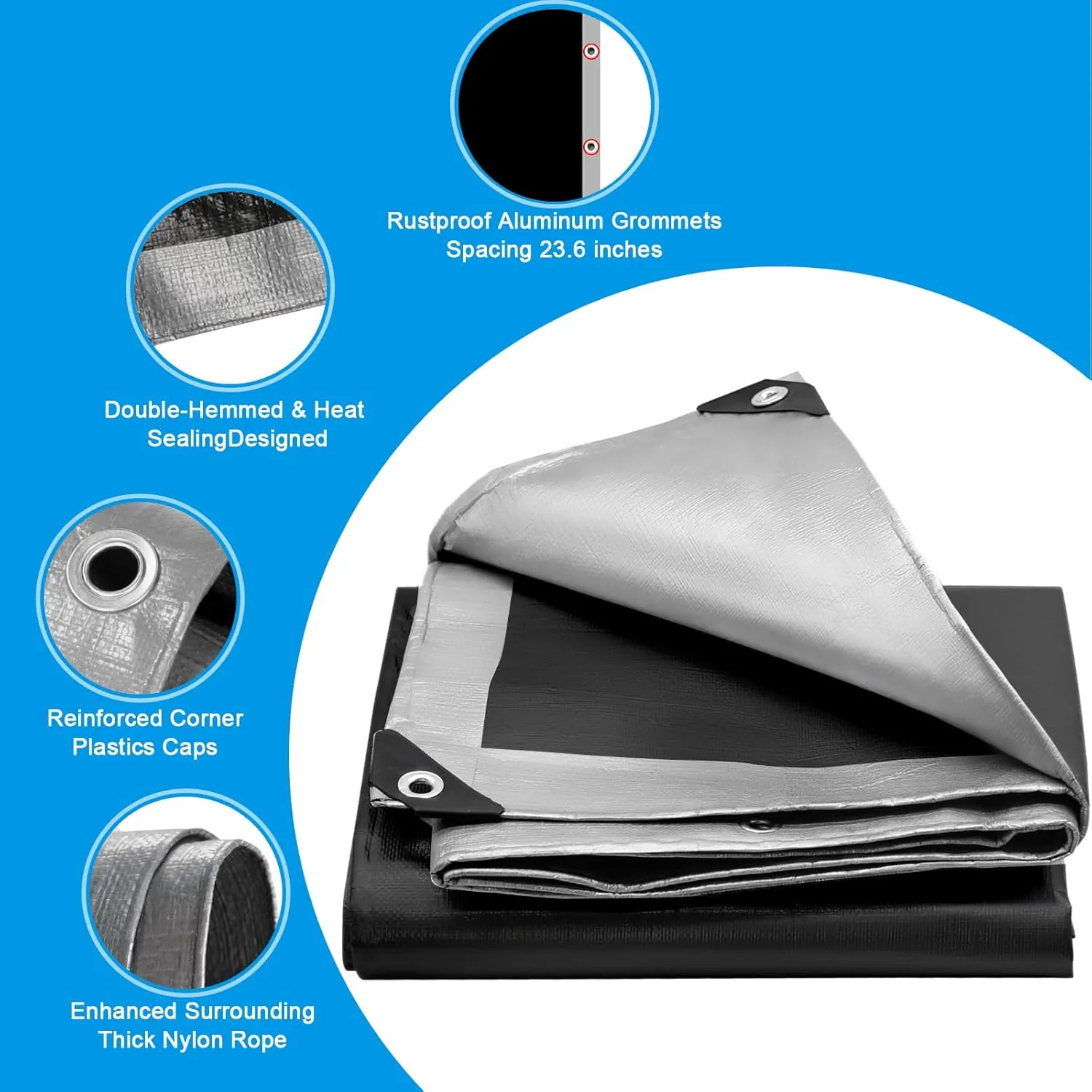 16Mil Finished Size 12x20 Tarp Heavy Duty Waterproof, Large Outdoor Multipurpose Protective Cover (Silver/Black)