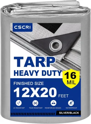 16Mil Finished Size 12x20 Tarp Heavy Duty Waterproof, Large Outdoor Multipurpose Protective Cover (Silver/Black)