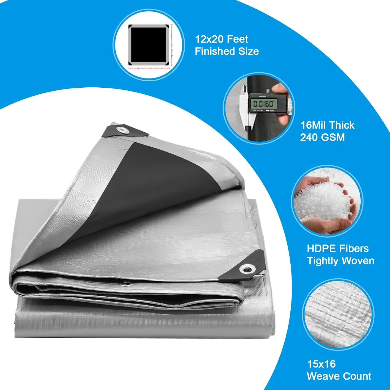 16Mil Finished Size 12x20 Tarp Heavy Duty Waterproof, Large Outdoor Multipurpose Protective Cover (Silver/Black)