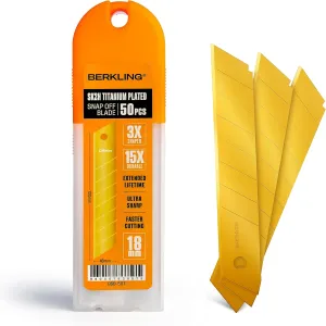 18mm Utility Knife Blades, Titanium Fully Plated SK2H Steel Replacement Blade | 3x Sharper and 5x More Durable Than SK5 Blades | Fits all 18mm Utility Knife & Box Cutter, 50 PCS