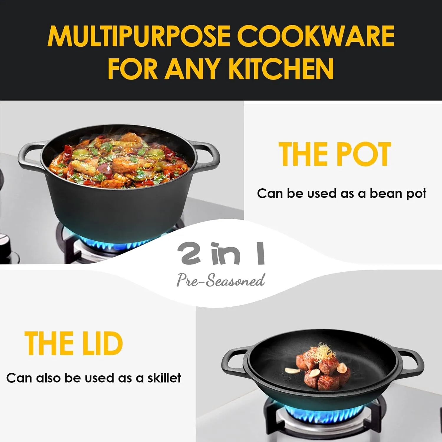 2-in-1 Pre-Seasoned Cast Iron Dutch Oven with Skillet Lid