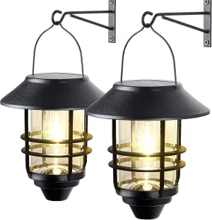 2 Pack Solar Lanterns Outdoor Waterproof, Hanging Metal Glass Solar Lights with Wall Mount Kit, Garden Lanterns Solar Powered for Outdoor, Fence, Front Porch Exterior Lighting