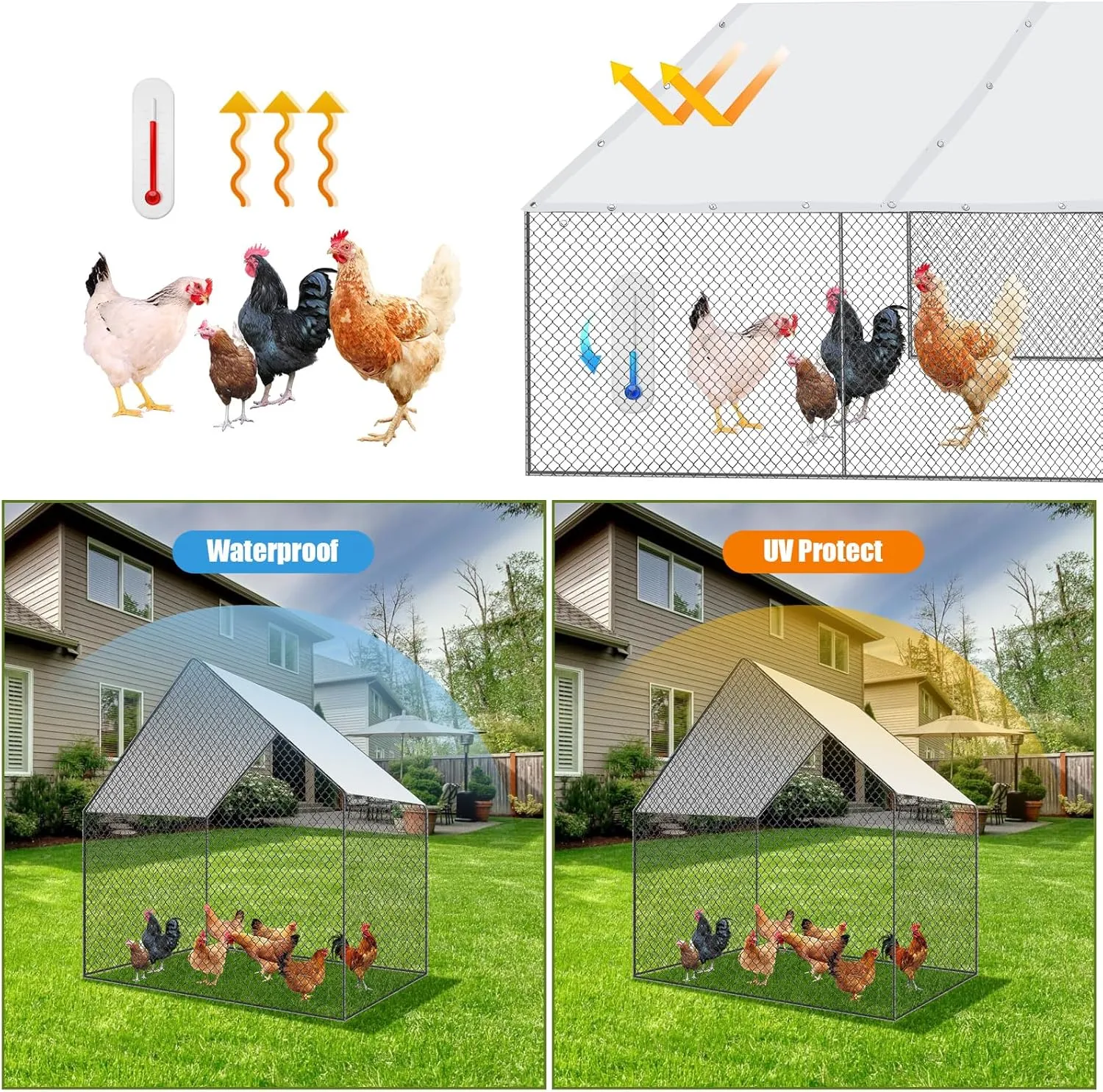 2 Pcs Chicken Coop Cover Waterproof 11.5 x 6.6 ft Chicken Run Cover Coop Tarp Accessories for Winter with 50 Pcs Ball Bungees Cords for Outdoor (White)