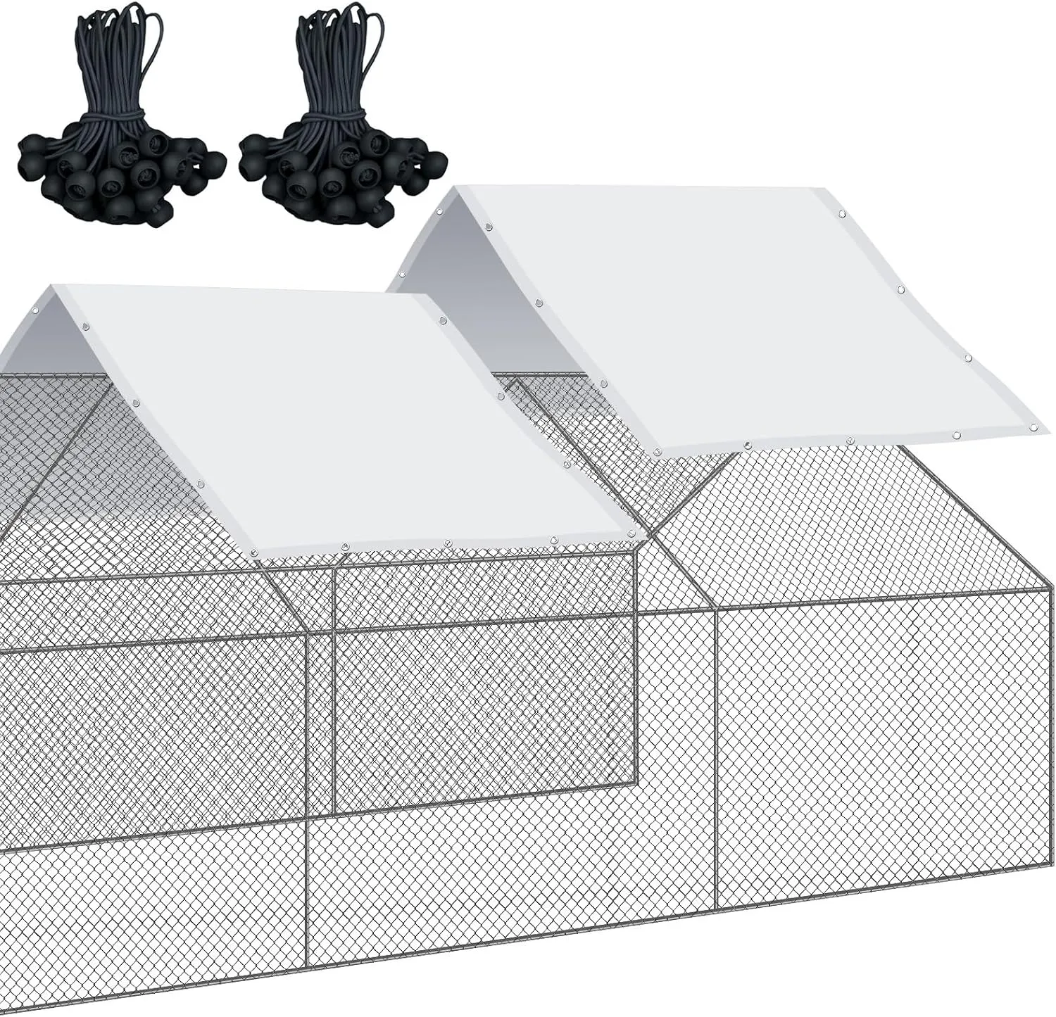 2 Pcs Chicken Coop Cover Waterproof 11.5 x 6.6 ft Chicken Run Cover Coop Tarp Accessories for Winter with 50 Pcs Ball Bungees Cords for Outdoor (White)