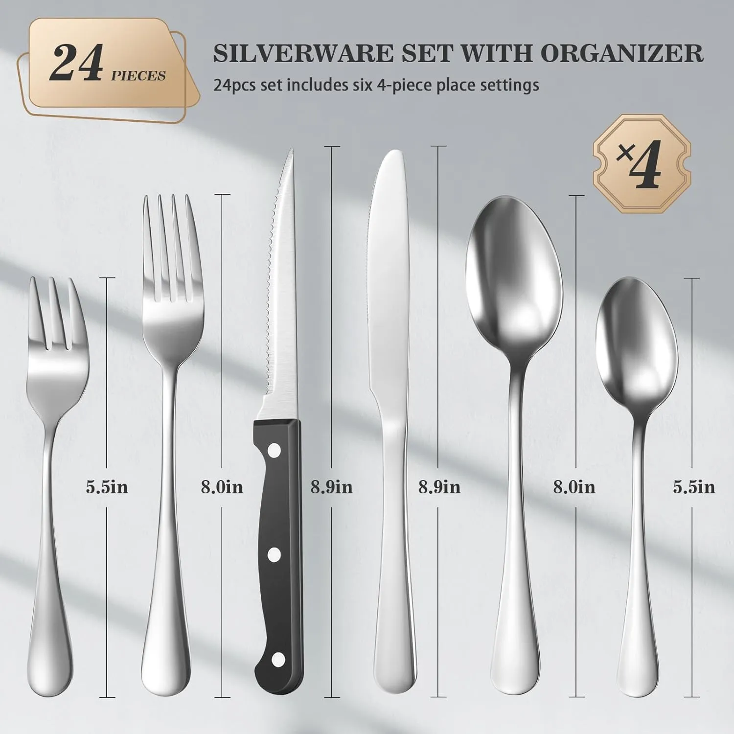 24-Piece Silverware Set with Organizer，Heavy Duty Stainless Steel Flatware Cutlery Tableware Set for 4，Includes 6-Compartment Silverware Tray with Cutlery Icons，Tableware Set with Steak Knives
