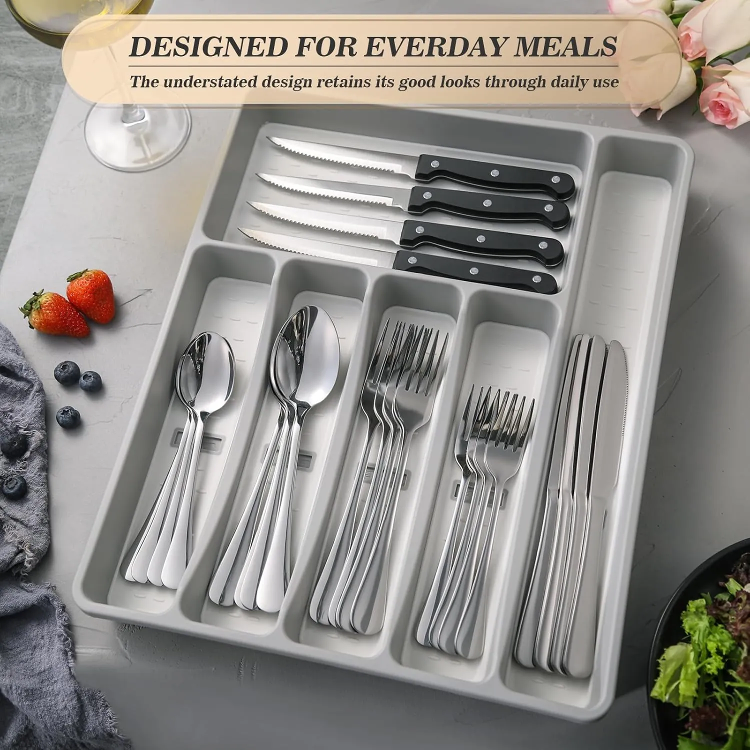 24-Piece Silverware Set with Organizer，Heavy Duty Stainless Steel Flatware Cutlery Tableware Set for 4，Includes 6-Compartment Silverware Tray with Cutlery Icons，Tableware Set with Steak Knives