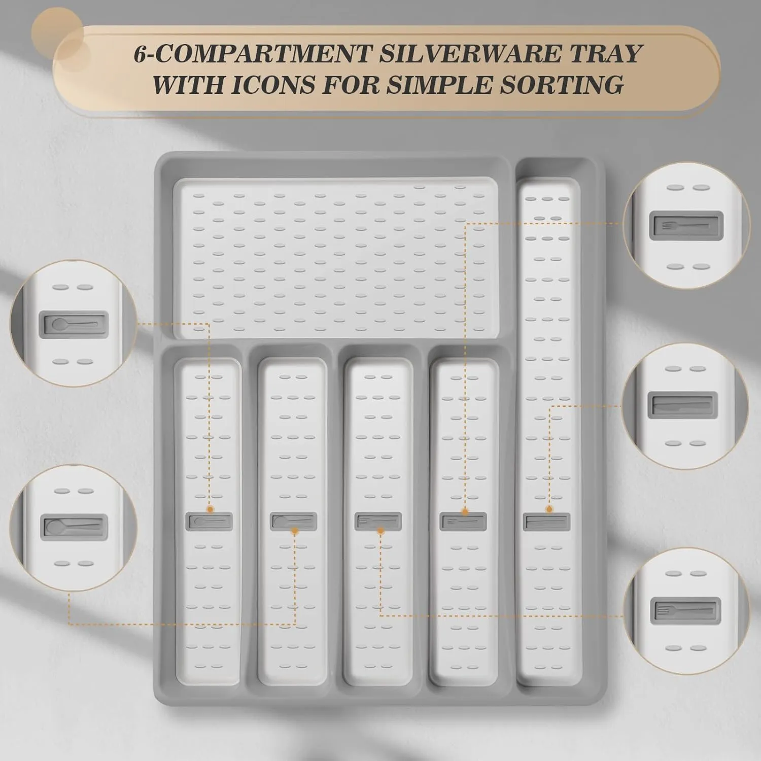 24-Piece Silverware Set with Organizer，Heavy Duty Stainless Steel Flatware Cutlery Tableware Set for 4，Includes 6-Compartment Silverware Tray with Cutlery Icons，Tableware Set with Steak Knives