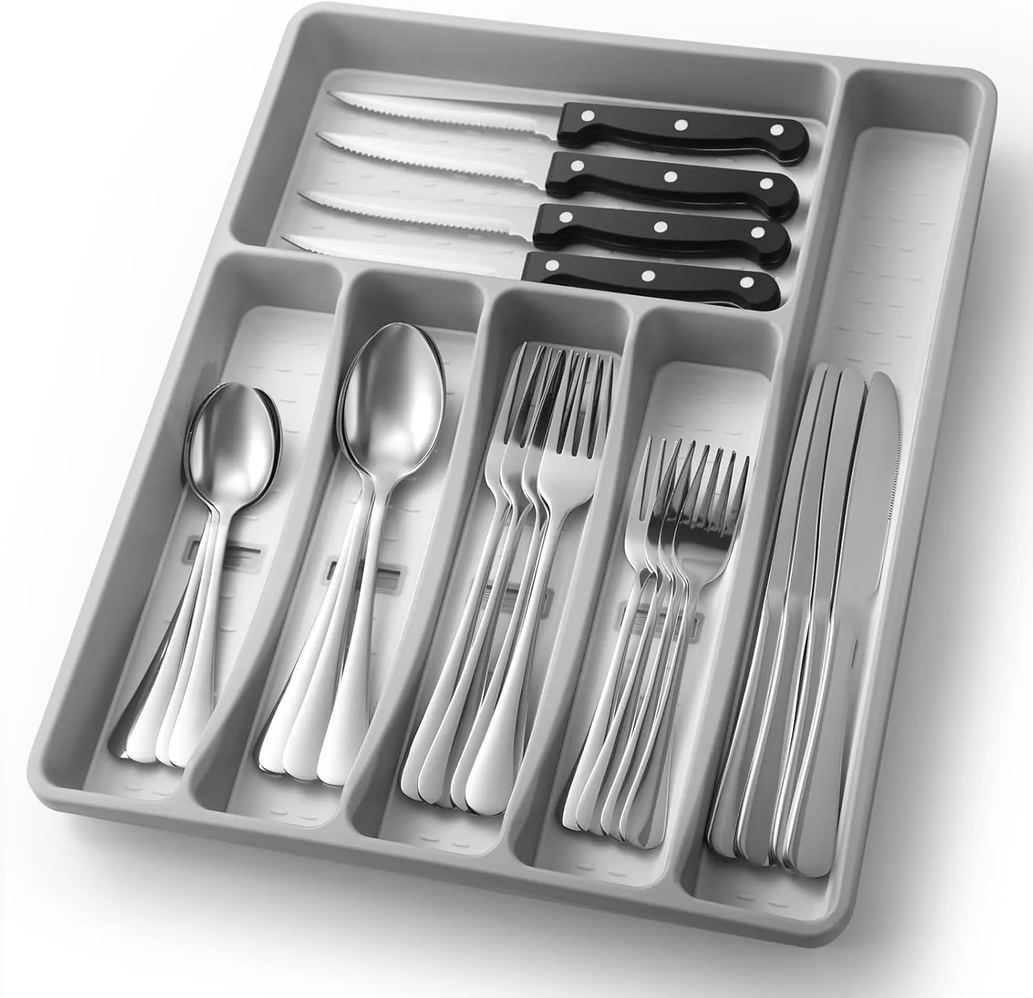 24-Piece Silverware Set with Organizer，Heavy Duty Stainless Steel Flatware Cutlery Tableware Set for 4，Includes 6-Compartment Silverware Tray with Cutlery Icons，Tableware Set with Steak Knives