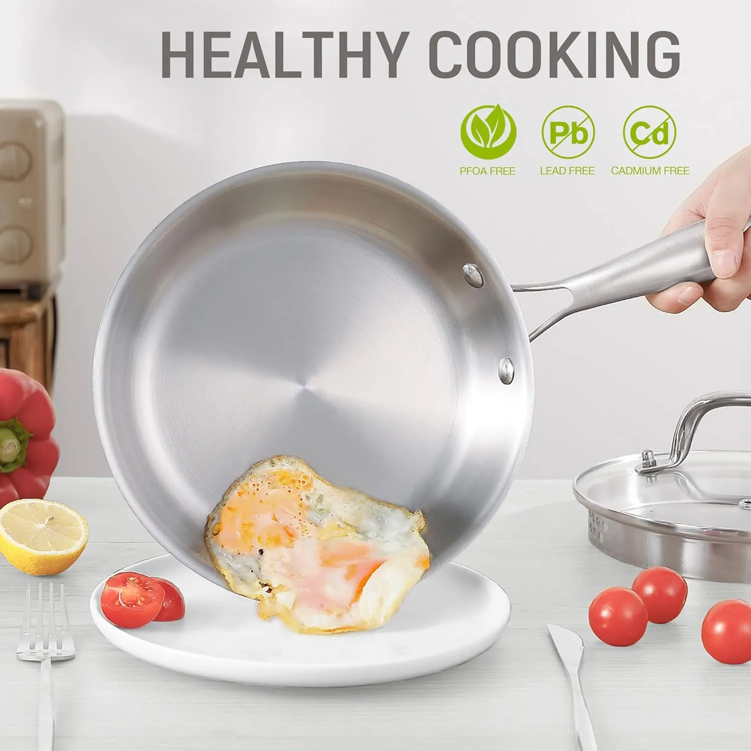 2.5 QT Stainless Steel Saucepan Set with Steamer Basket & 7 Inch Shallow Pan – Tri-Ply Clad Low-Height Pot for Boiling, Pasta, Gravies, Noodles, Steaming Vegetables, Omelet Cooking