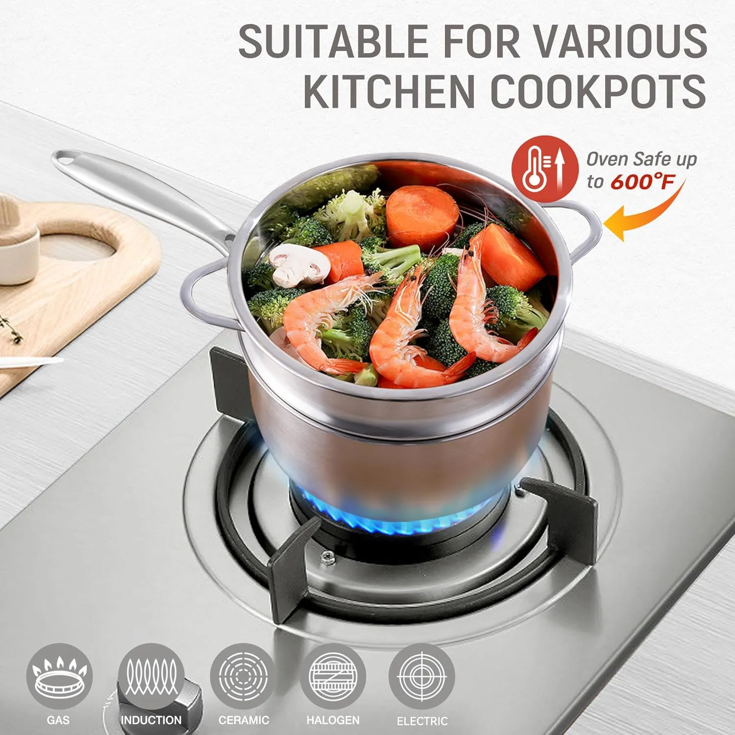 2.5 QT Stainless Steel Saucepan Set with Steamer Basket & 7 Inch Shallow Pan – Tri-Ply Clad Low-Height Pot for Boiling, Pasta, Gravies, Noodles, Steaming Vegetables, Omelet Cooking