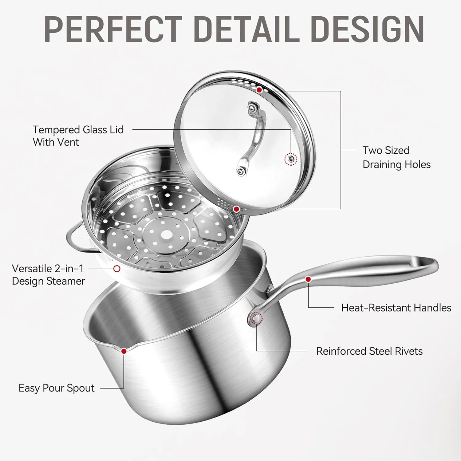 2.5 QT Stainless Steel Saucepan Set with Steamer Basket & 7 Inch Shallow Pan – Tri-Ply Clad Low-Height Pot for Boiling, Pasta, Gravies, Noodles, Steaming Vegetables, Omelet Cooking
