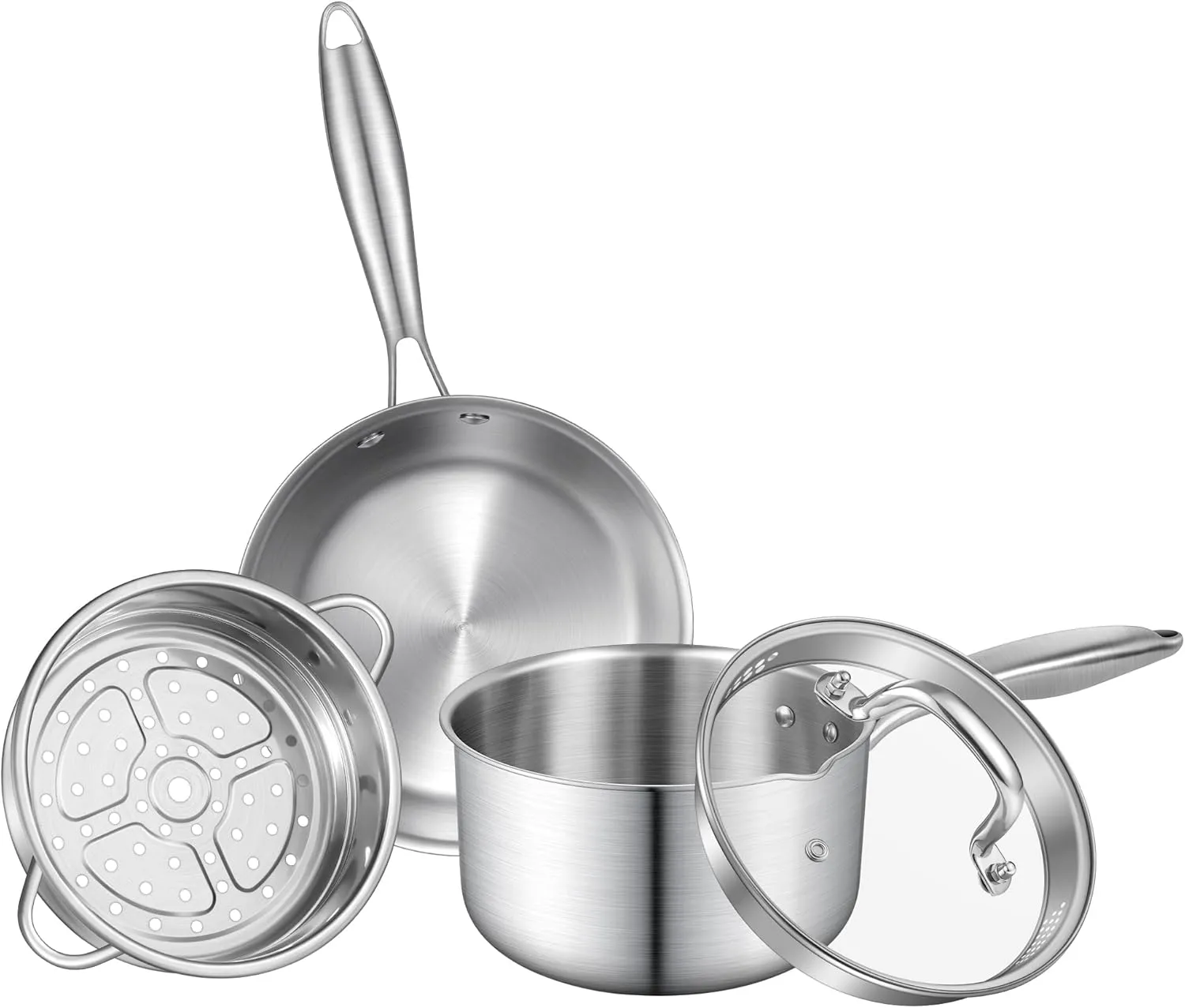 2.5 QT Stainless Steel Saucepan Set with Steamer Basket & 7 Inch Shallow Pan – Tri-Ply Clad Low-Height Pot for Boiling, Pasta, Gravies, Noodles, Steaming Vegetables, Omelet Cooking